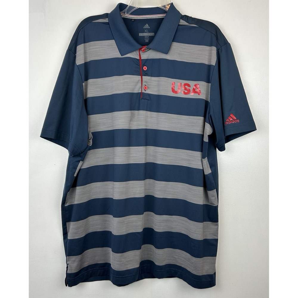 Adidas Golf Polo Shirt Men XL USA Logo Striped Blue Gray Striped Preppy Nautical